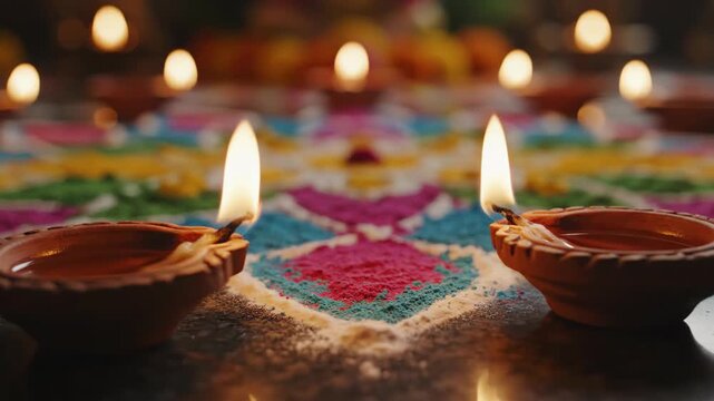 Traditional burning diya lamps on colorful rangoli for Diwali festival