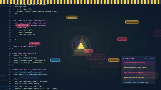 Digital screen displaying scrolling computer code and software programming interface with futuristic data overlays