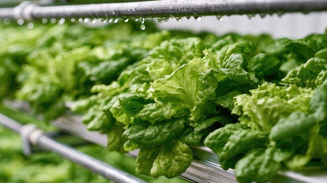 Rows of fresh green lettuce growing in an indoor hydroponic farm