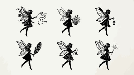 Fototapeta premium Set of six whimsical fairy silhouettes holding magical items and natural objects isolated vector illustration with silhouette illustrations fairies