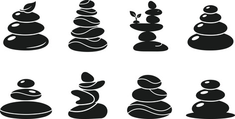 Collection of black stone cairns and zen rock balancing stacks, isolated on a white background, of spa relaxation symbols © MD