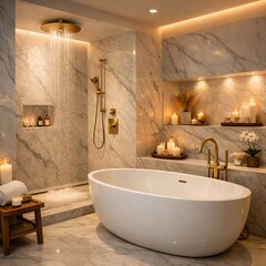 Obraz premium Luxury Marble Bathroom with Freestanding Bathtub, Rain Shower and Elegant Spa-Inspired Interior