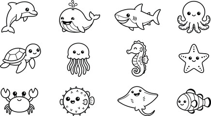 Collection of twelve cute sea animal including a dolphin, whale, shark, octopus, and turtle on a white background © MD