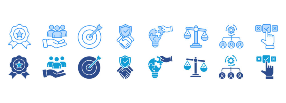 Business core values icon pack dual tone collection set. quality and customers Vector Illustration