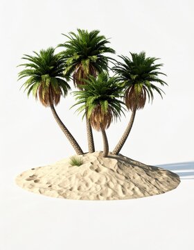 A small sandy island cluster of four palm trees with lush green fronds