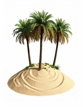 Three palm trees atop a sandy mound with gentle grass