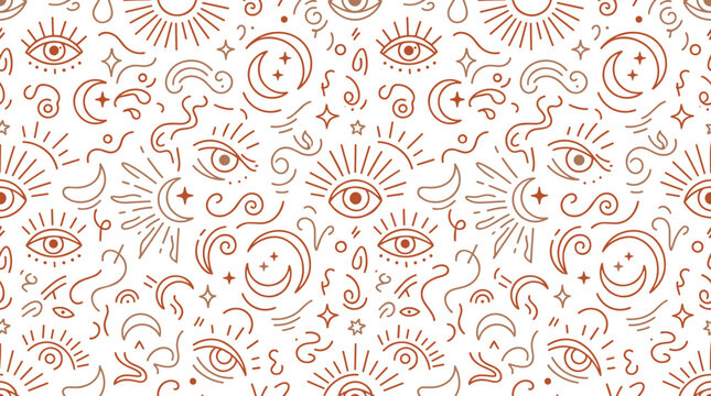 Seamless pattern with celestial symbols including suns, moons, stars, and eyes in a minimalist line style