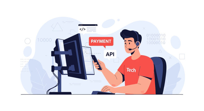 Developer working on computer with phone, integrating payment API for tech startup, coding concept illustration