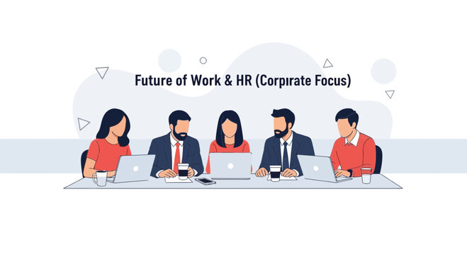 Diverse business team collaborating and working remotely on laptops, symbolizing the future of work and HR in a corporate setting.