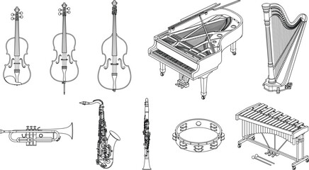 Musical Instruments Line Art Vector Collection Featuring String Wind Percussion and Keyboard Instruments © Liton