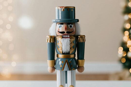 Traditional wooden nutcracker soldier in muted blue against a warm glowing background with lights for holiday decor and festive card designs