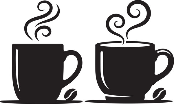 Black silhouette coffee mugs with steam and beans vector set silhouette beverage caffeine breakfast minimalist illustration