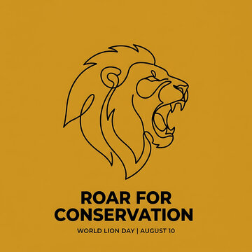 Minimalist One Line Art Roaring Lion - World Lion Day Conservation Vector Poster