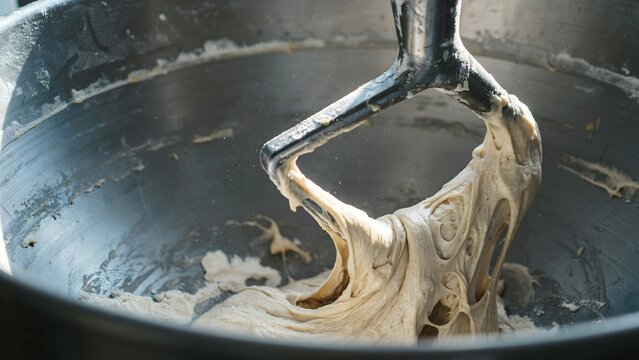 Close-up of Mixer Blade Stirring Dough in Large Mixing Bowl in Commercial Kitchen