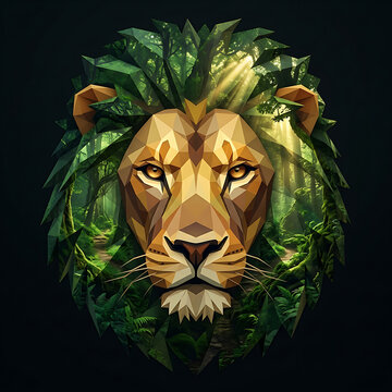 Modern Geometric Low Poly Lion Portrait with Jungle Green Leaves Mane for Eco Brand and Logo Design
