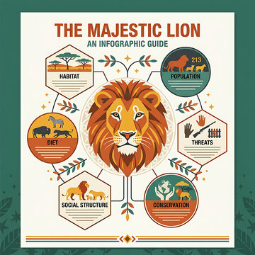 The Majestic Lion Infographic Guide Template Covering Habitat Diet Population and Wildlife Conservation Facts