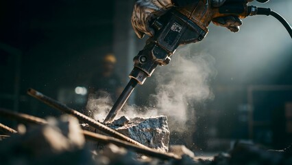 Naklejka premium Heavy Duty Construction Worker Using Power Jackhammer on Steel Reinforcement Bar