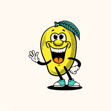 Cute retro mango mascot character in vintage 1930s rubber hose cartoon style. Vector illustration of funny yellow fruit mascot for logo, sticker, or t-shirt design