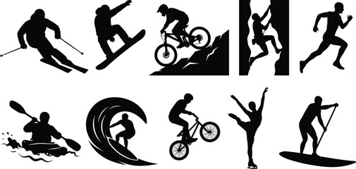Obraz premium Extreme sports and outdoor activities vector silhouettes set featuring surfing skiing climbing and biking