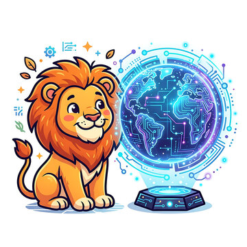 Cute cartoon lion character looking at glowing digital holographic Earth globe for tech and connectivity