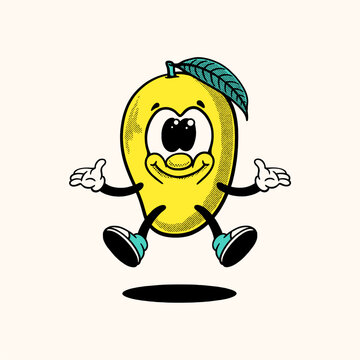 Cute retro mango mascot character in vintage 1930s rubber hose cartoon style. Vector illustration of funny yellow fruit mascot for logo, sticker, or t-shirt design