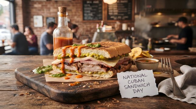 National Cuban Sandwich Day Cuban Sandwich on Wooden Plate with Sauce Bottle and Drizzled Sauce Rustic Food Background
