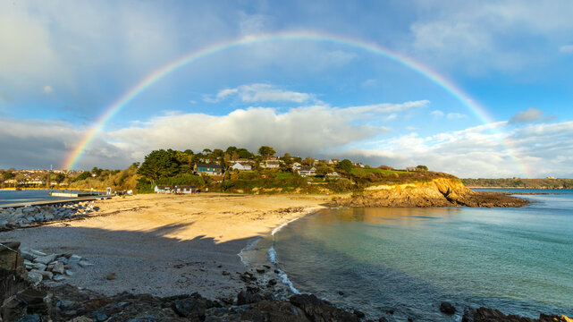 Rainbow over Cornish Coastal Village
