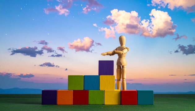 Wooden mannequin figure standing on small ladder placing red cube on top of stack of colorful blocks arranged in ascending staircase‑like order, blocks in blue, pink, green, and purple, decorative ite