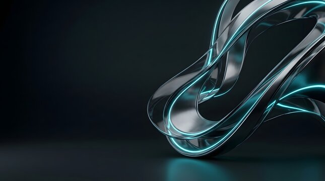 Futuristic minimal technology background with a single smooth 3D geometric surface folding into an elegant abstract form, metallic and glass materials, cyan neon highligh