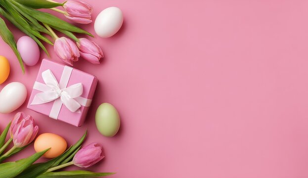 Overhead shot of Easter celebration essentials on pink background tulips, colorful eggs, and a gift box. Decorative, elegant