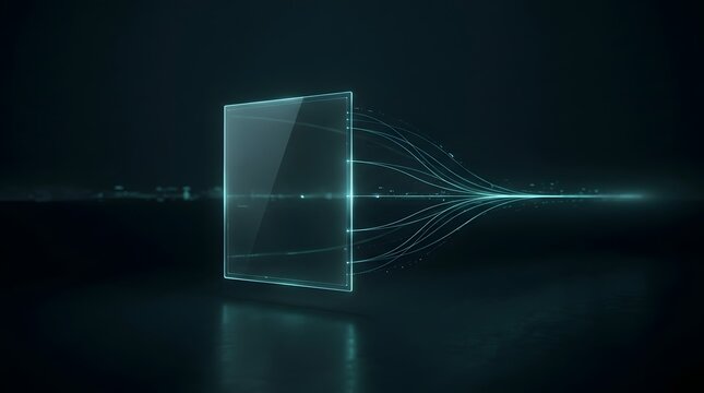 Minimal abstract data visualization with one elegant transparent rectangular holographic panel and a few delicate glowing lines extending into the distance, cyan and teal