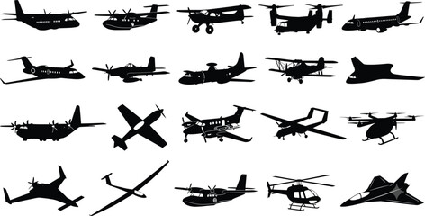 Military and civilian aircraft vector silhouette set including planes jet fighters helicopters and drones © RurposiRani