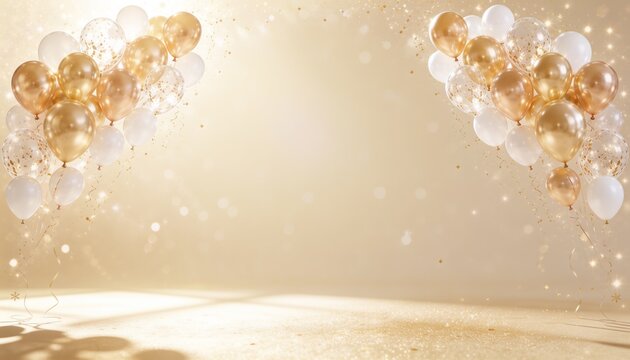 ゴールドと白の風船、紙吹雪が輝く華やかなお祝い背景