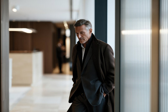 A resolute man walks in a sleek modern hallway, embodying determination and poise, surrounded by contemporary design elements that suggest success and ambition.