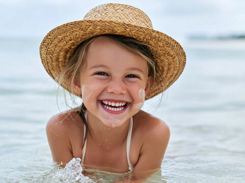 Laughing young girl with sunscreen on her face in the ocean, wearing a woven straw hat with airy and bright summer lifestyle vibes for childrens skincare