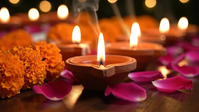 Traditional Diwali oil lamps with marigold flowers and rose petals