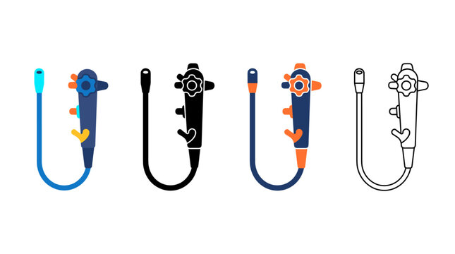 Bronchoscope Icon with Flexible Endoscope for Airway Examination in Flat, Silhouette, Outline and Glyph Design