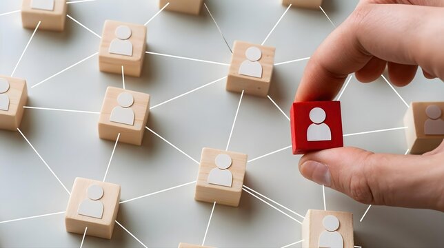 Une main place un cube rouge au sein d'un r&eacute;seau de personnes connect&eacute;es