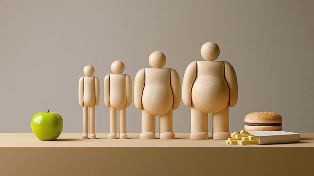 figurines en bois repr&eacute;sentant la progression de l'ob&eacute;sit&eacute; vs alimentation
