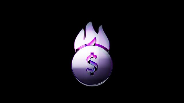 Shiny metallic dollar sign symbol burning with bright purple flames 3D Icon