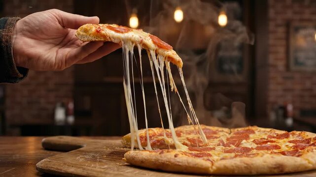 Close up of a hot pizza slice being lifted as melted mozzarella stretches from the crust, with tomato sauce, herbs and golden light creating an appetizing Italian restaurant cooking scene.