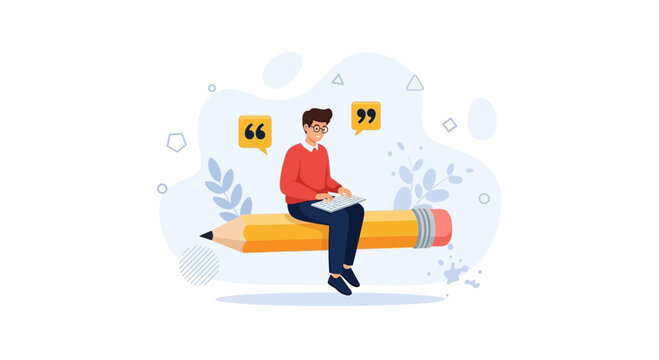 Man Sitting on Giant Pencil Writing, Concept of Creativity, Ideas, Storytelling, and Education