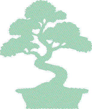 Detailed green bonsai tree silhouette created with halftone dot pattern vector graphic.