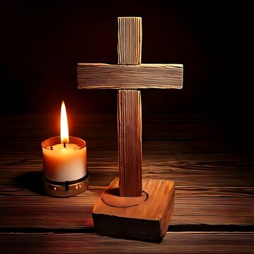 Wooden cross and lit candle on table