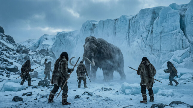 Stone Age Hunters Confront Mammoth Amidst Icy Glacial Wilderness