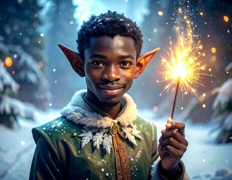 Young elf with sparkler in snowy forest