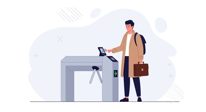 Man using turnstile for access control, modern vector illustration for public transport, office, or event entry