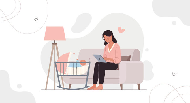 Modern Mother Working From Home with Baby Sleeping in Bassinet | Balance Work and Family Life