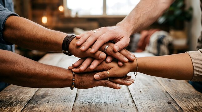 Hands united in teamwork gesture on wooden table, diverse people collaboration indoors, close-up view of unity and support