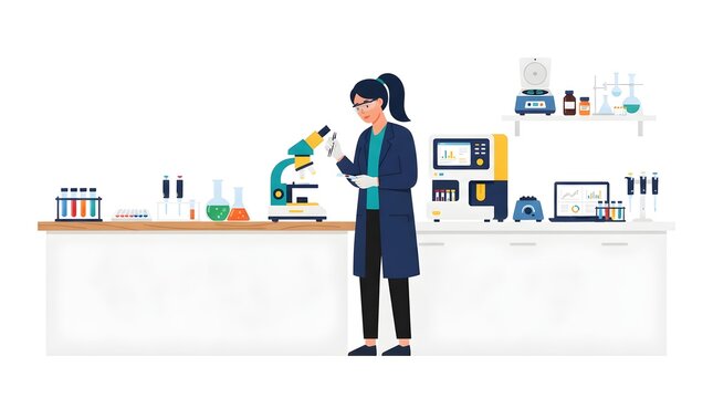 Female laboratory scientist analyzing samples using a microscope in a modern medical laboratory with scientific equipment, glassware, diagnostic instruments, and research technology. Flat vector illus